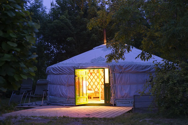 A yurt at night
